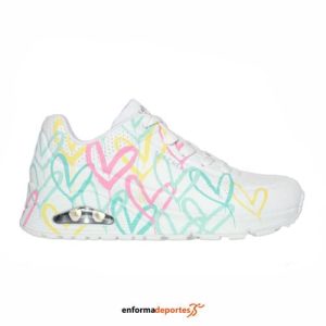 ZAPATILLA MUJER SKECHERS UNO – CHANGED LOVE | WHITE DURABUCK/ MULTI COL