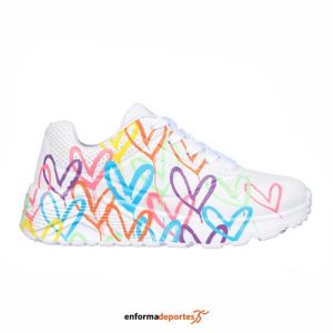 ZAPATILLA JUNIOR SKECHERS UNO LITE – SPREAD THE LOVE | WHITE SYNTHETIC/NEON MULT